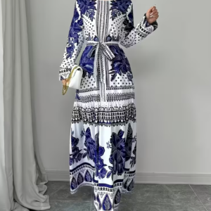 elegant vintage blue & white a line maxi dress with belted waist long sleeve flowy