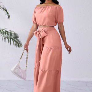 women's elegant vacation style shirred tie waist wide leg pants set