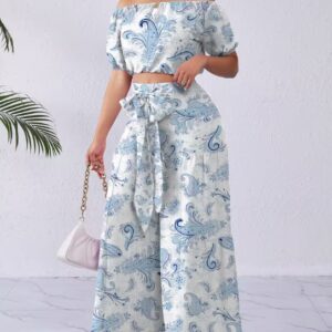 casual vacation set women's drawstring top and wide leg pants