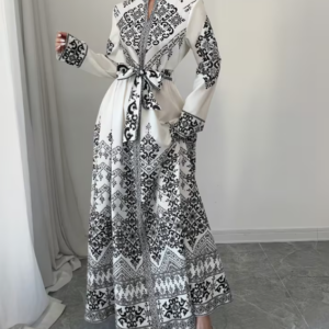 elegant long sleeve dress for women with a paisley print, featuring a half open collar