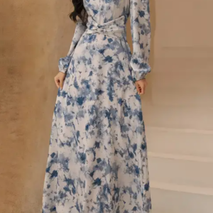 elegant arabian style floral print maxi dress with high neck puff sleeves and butterfly waist tie