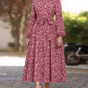 polyester elegant floral print long sleeve crew neck belted maxi dress